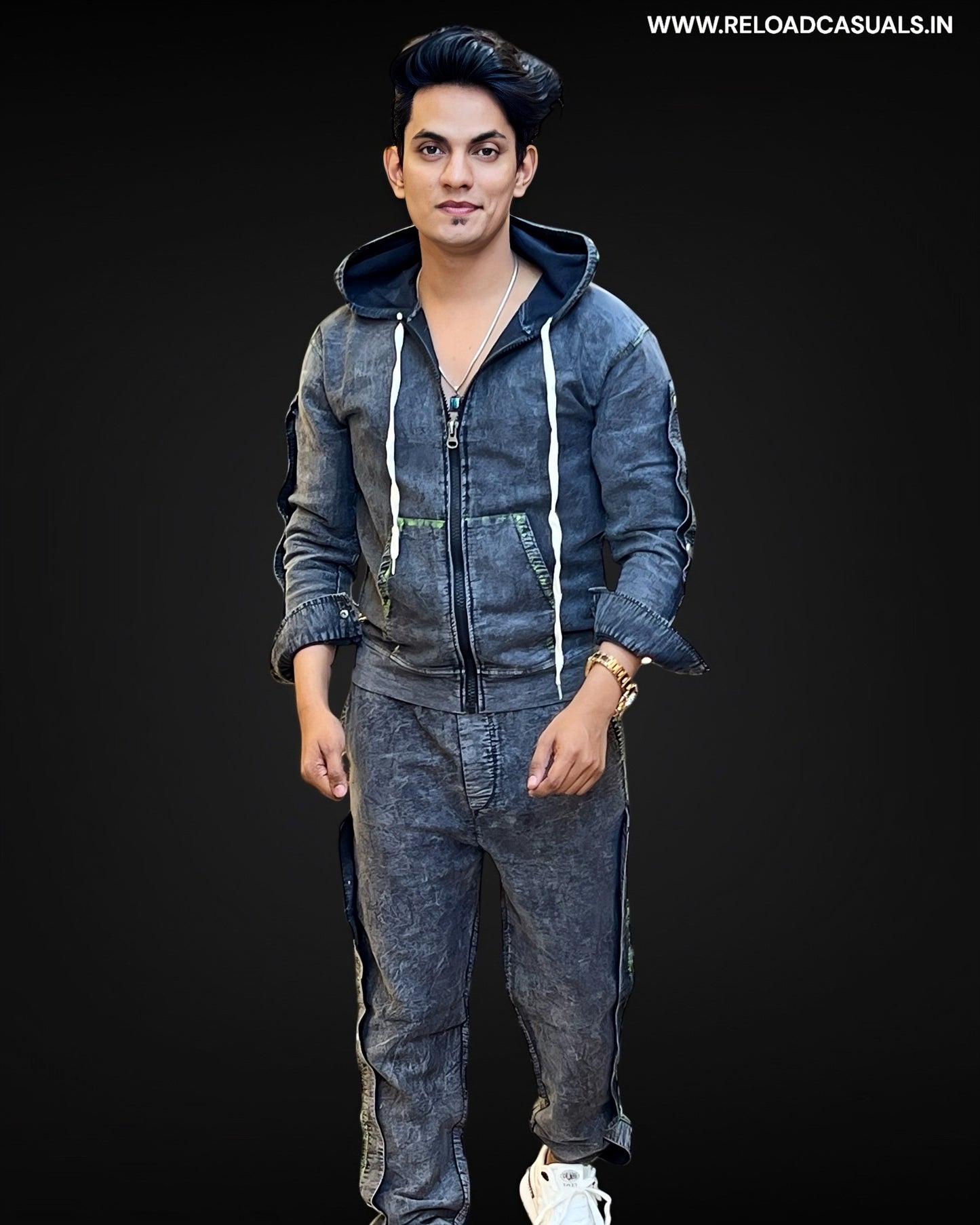 Dude Style Denim Washed Hoodie Track Suit - Combo