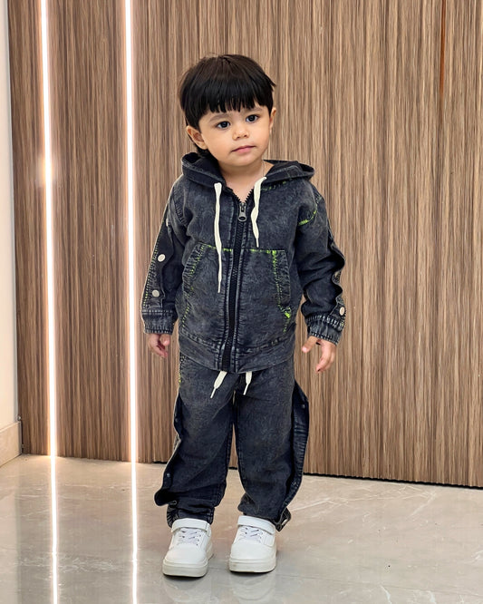 New Mini Dude Style Denim Washed Hoodie Tracksuit